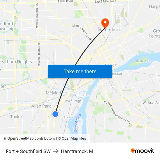 Fort & Southfield SW to Hamtramck, MI map