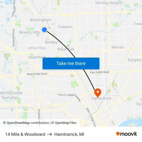 14 Mile & Woodward to Hamtramck, MI map