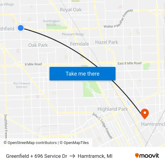 Greenfield @ 696 Service Drive to Hamtramck, MI map