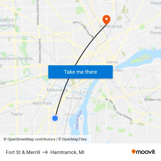 Fort St & Merrill to Hamtramck, MI map