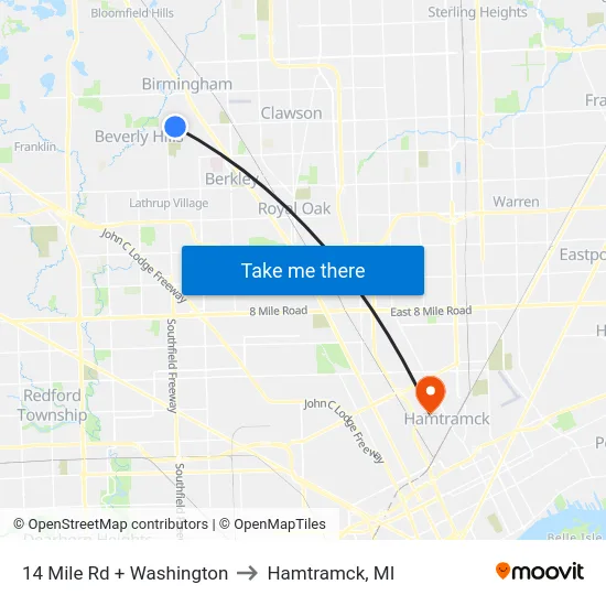 14 Mile & Washington to Hamtramck, MI map