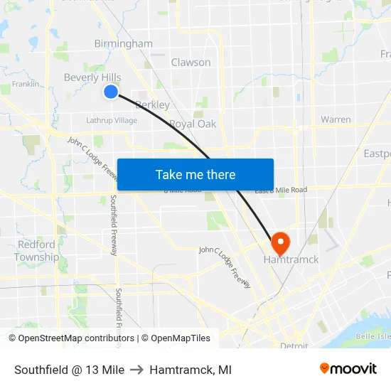 Southfield @ 13 Mile to Hamtramck, MI map
