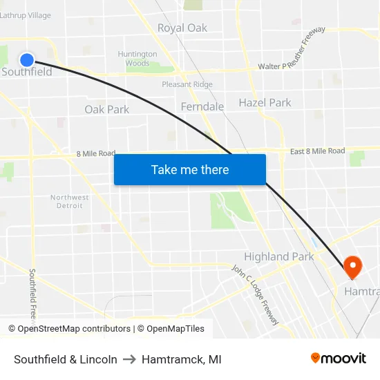 Southfield & Lincoln to Hamtramck, MI map