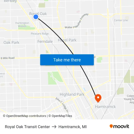 Royal Oak Tc to Hamtramck, MI map