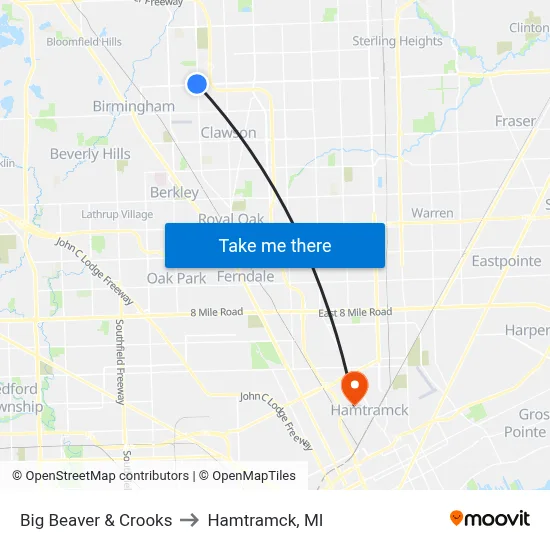 Big Beaver & Crooks to Hamtramck, MI map