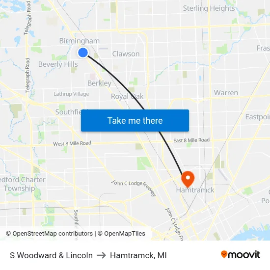 S Woodward & Lincoln to Hamtramck, MI map