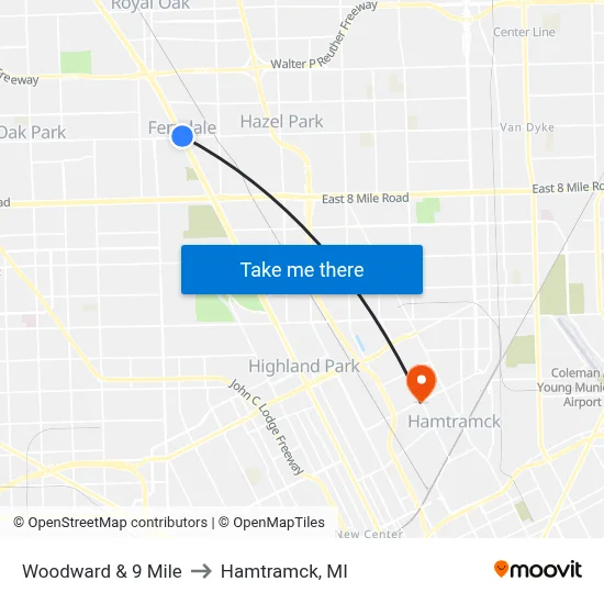 Woodward & 9 Mile to Hamtramck, MI map