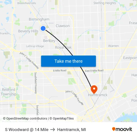 S Woodward @ 14 Mile to Hamtramck, MI map