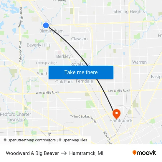 Woodward & Big Beaver to Hamtramck, MI map