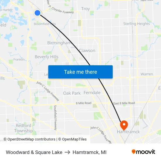 Woodward & Square Lake to Hamtramck, MI map