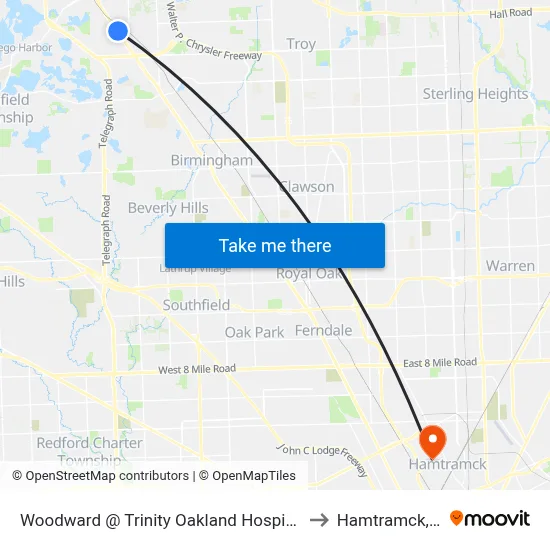 Woodward @ Trinity Oakland Hospital Nb to Hamtramck, MI map