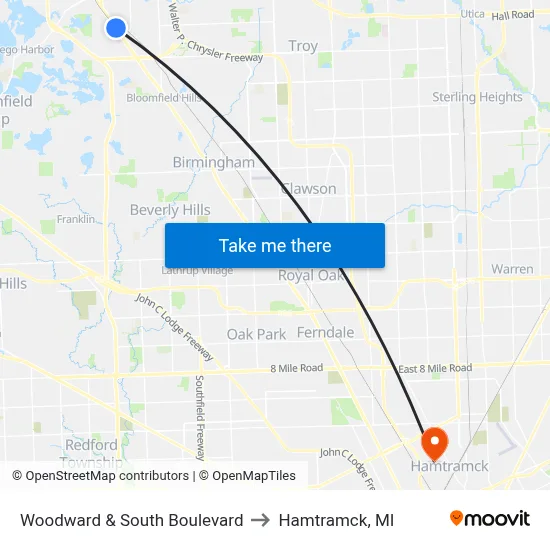 Woodward & South Boulevard to Hamtramck, MI map
