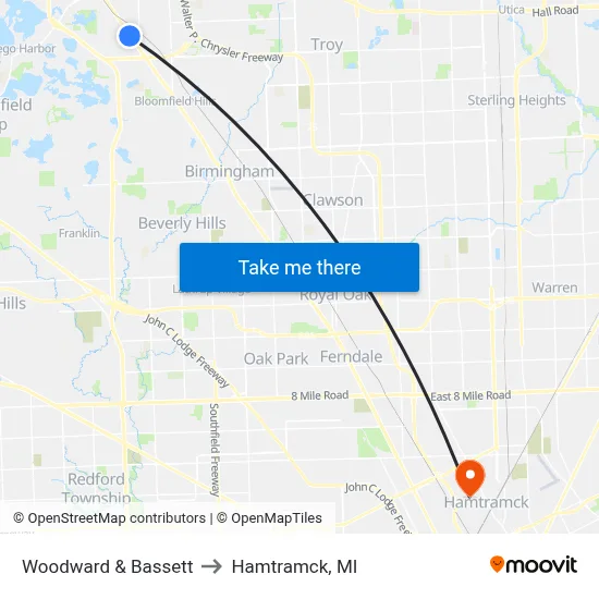 Woodward & Bassett to Hamtramck, MI map