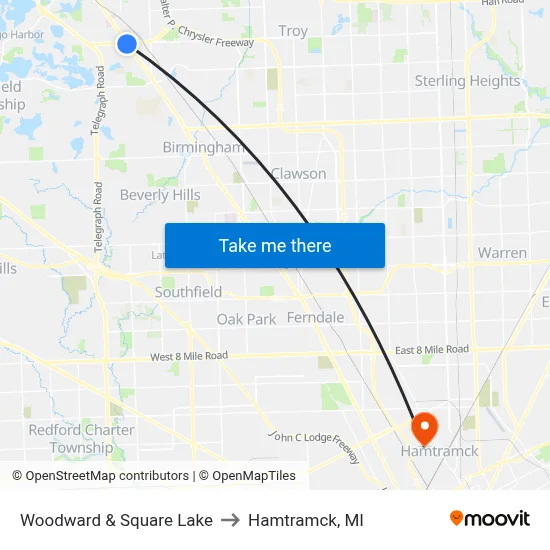 Woodward & Square Lake to Hamtramck, MI map
