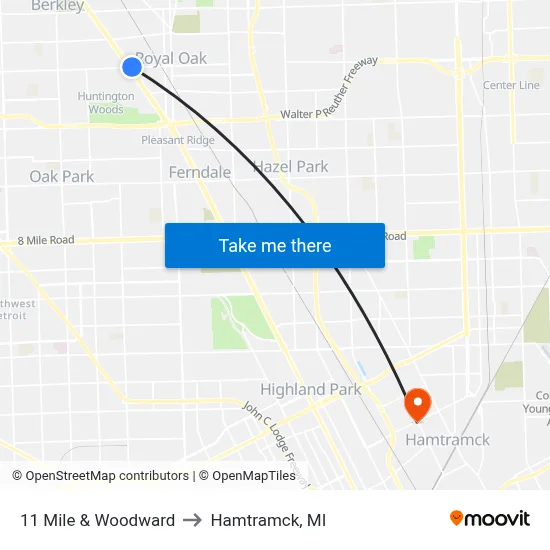 11 Mile & Woodward to Hamtramck, MI map