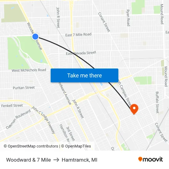 Woodward & 7 Mile to Hamtramck, MI map