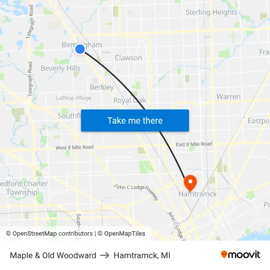 Maple & Old Woodward to Hamtramck, MI map