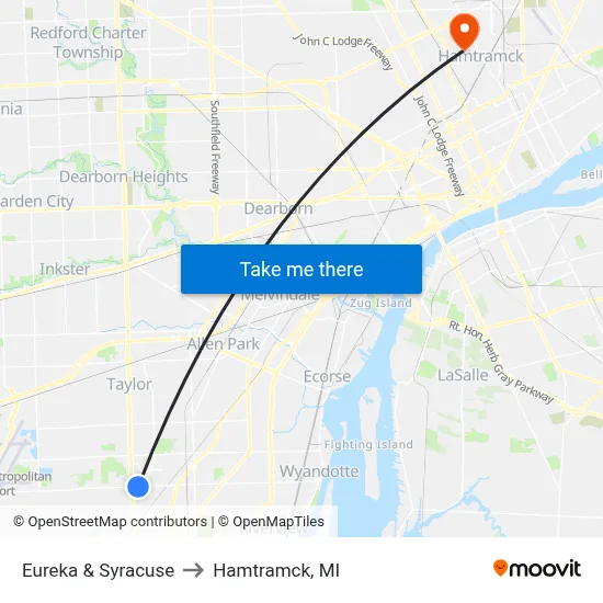 Eureka & Syracuse to Hamtramck, MI map