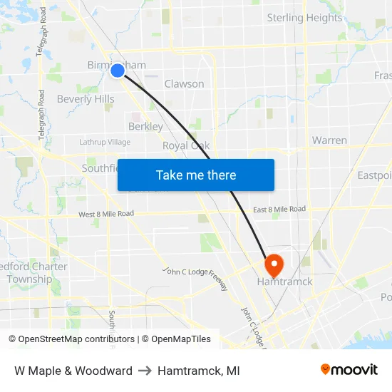 W Maple & Woodward to Hamtramck, MI map