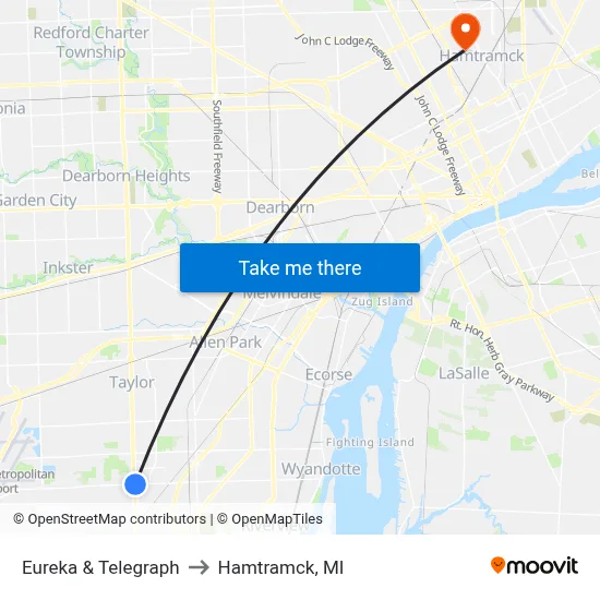 Eureka & Telegraph to Hamtramck, MI map