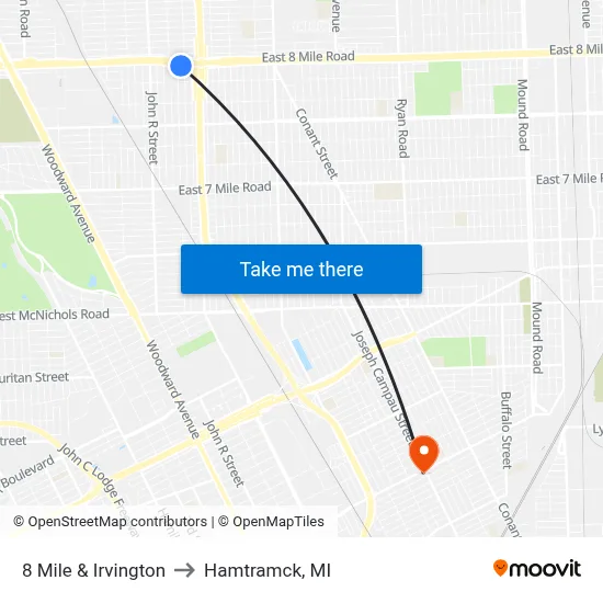 8 Mile & Irvington to Hamtramck, MI map