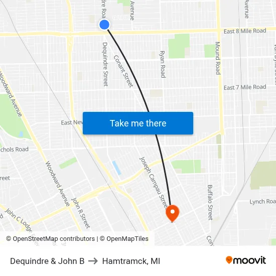 Dequindre & John B to Hamtramck, MI map