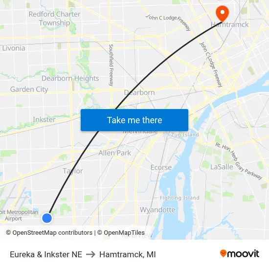 Eureka & Inkster NE to Hamtramck, MI map