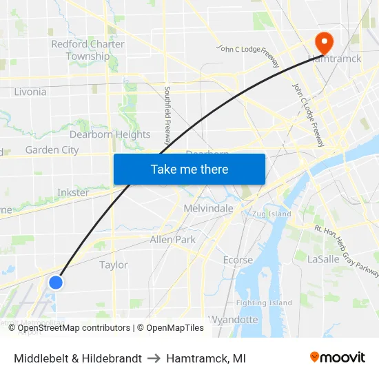 Middlebelt & Hildebrandt to Hamtramck, MI map