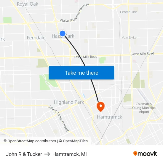 John R & Tucker to Hamtramck, MI map