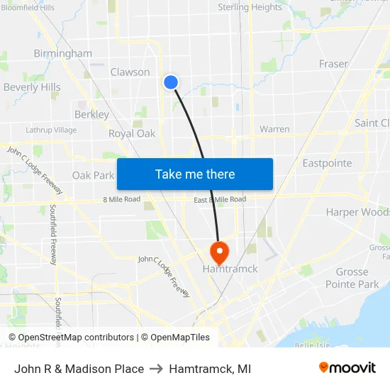 John R & Madison Place to Hamtramck, MI map
