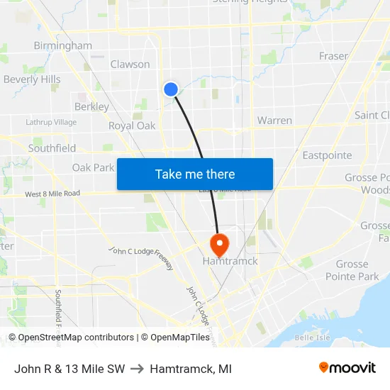 John R & 13 Mile SW to Hamtramck, MI map