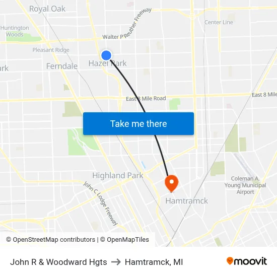 John R & Woodward Hgts to Hamtramck, MI map
