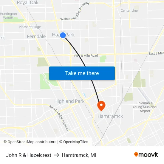 John R & Hazelcrest to Hamtramck, MI map
