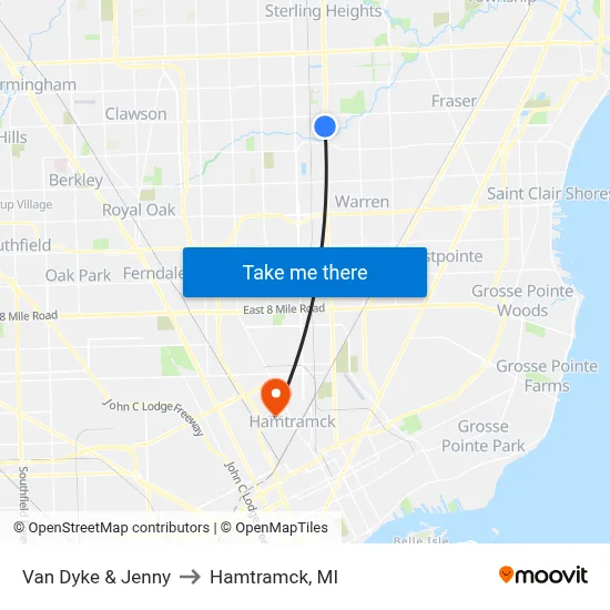 Van Dyke & Jenny to Hamtramck, MI map