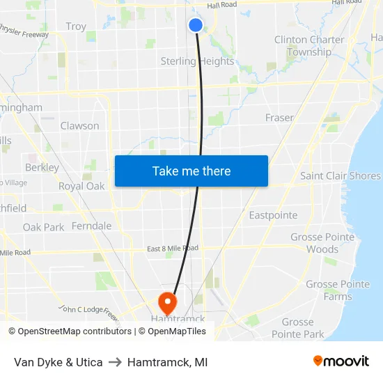Van Dyke & Utica to Hamtramck, MI map