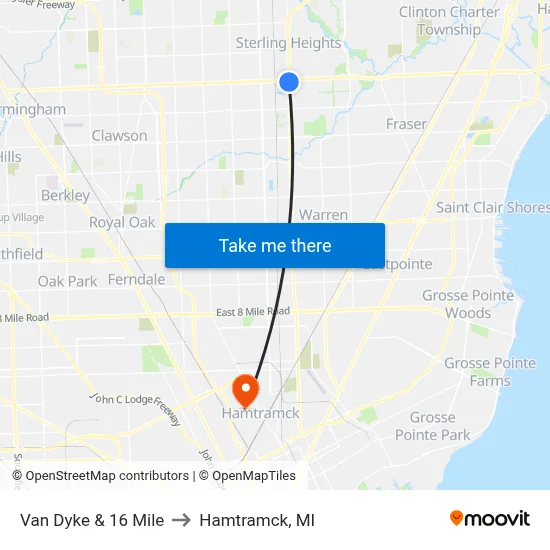 Van Dyke & 16 Mile to Hamtramck, MI map