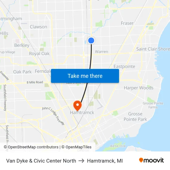 Van Dyke & Civic Center North to Hamtramck, MI map