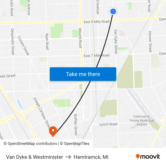 Van Dyke & Westminister to Hamtramck, MI map