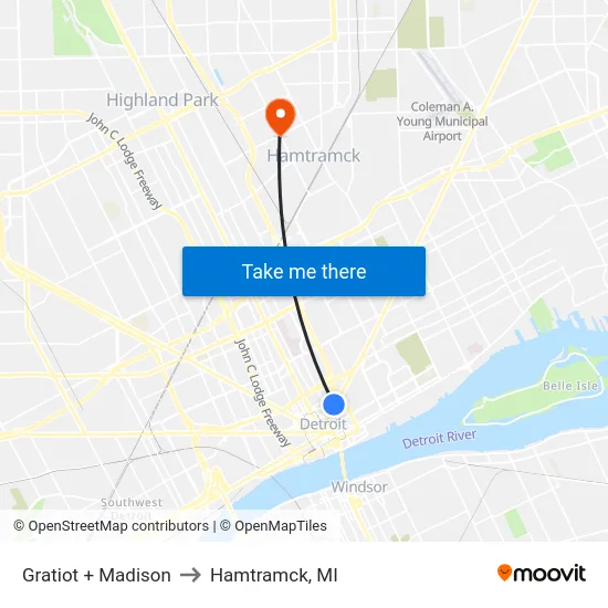 Gratiot & Madison to Hamtramck, MI map