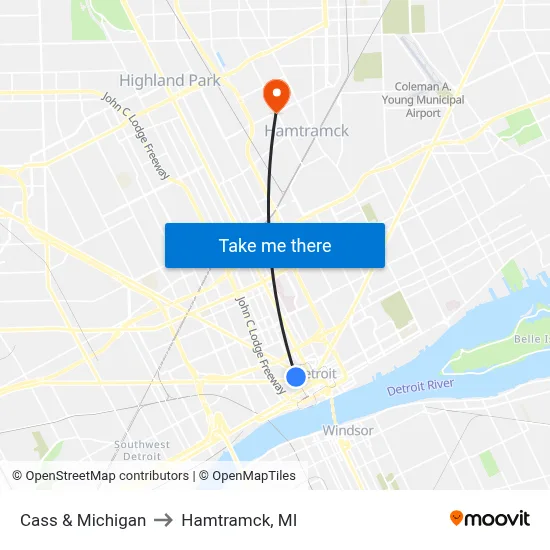 Cass & Michigan to Hamtramck, MI map