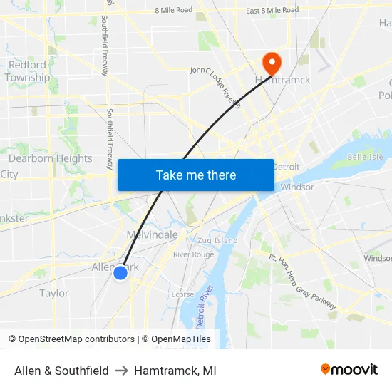 Allen & Southfield to Hamtramck, MI map