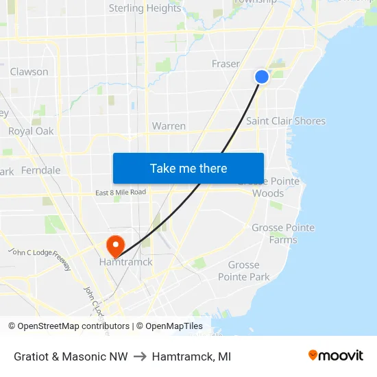Gratiot & Masonic NW to Hamtramck, MI map