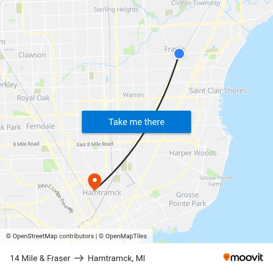 14 Mile & Fraser to Hamtramck, MI map