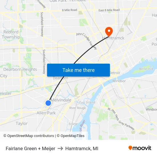 Fairlane Green & Meijer to Hamtramck, MI map