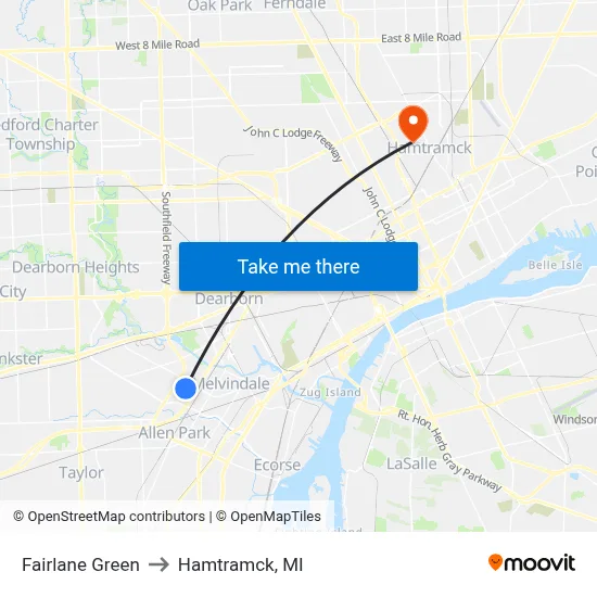 Fairlane Green to Hamtramck, MI map