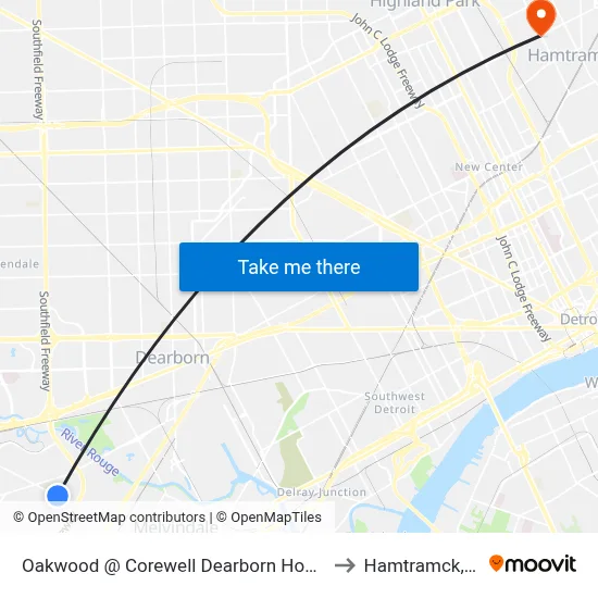 Oakwood @ Corewell Dearborn Hospital to Hamtramck, MI map