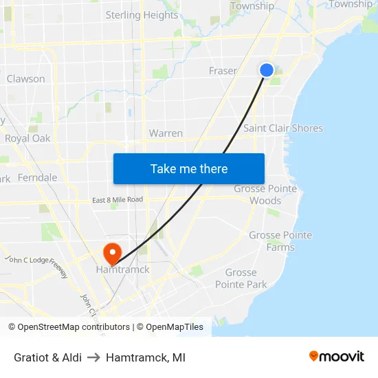 Gratiot & Aldi to Hamtramck, MI map