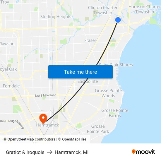 Gratiot & Iroquois to Hamtramck, MI map