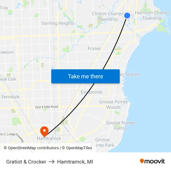 Gratiot & Crocker to Hamtramck, MI map