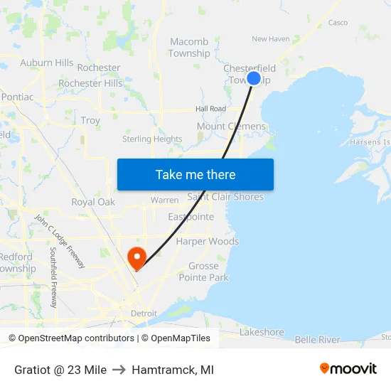 Gratiot @ 23 Mile to Hamtramck, MI map